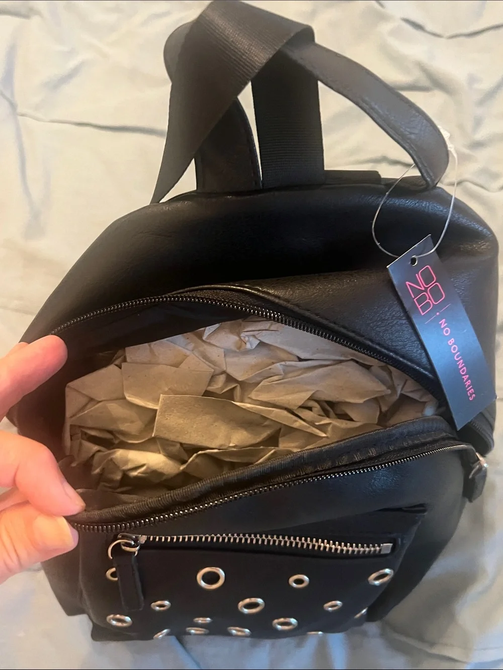 No Boundaries Black Grommet Accent Faux Leather Backpack NWT